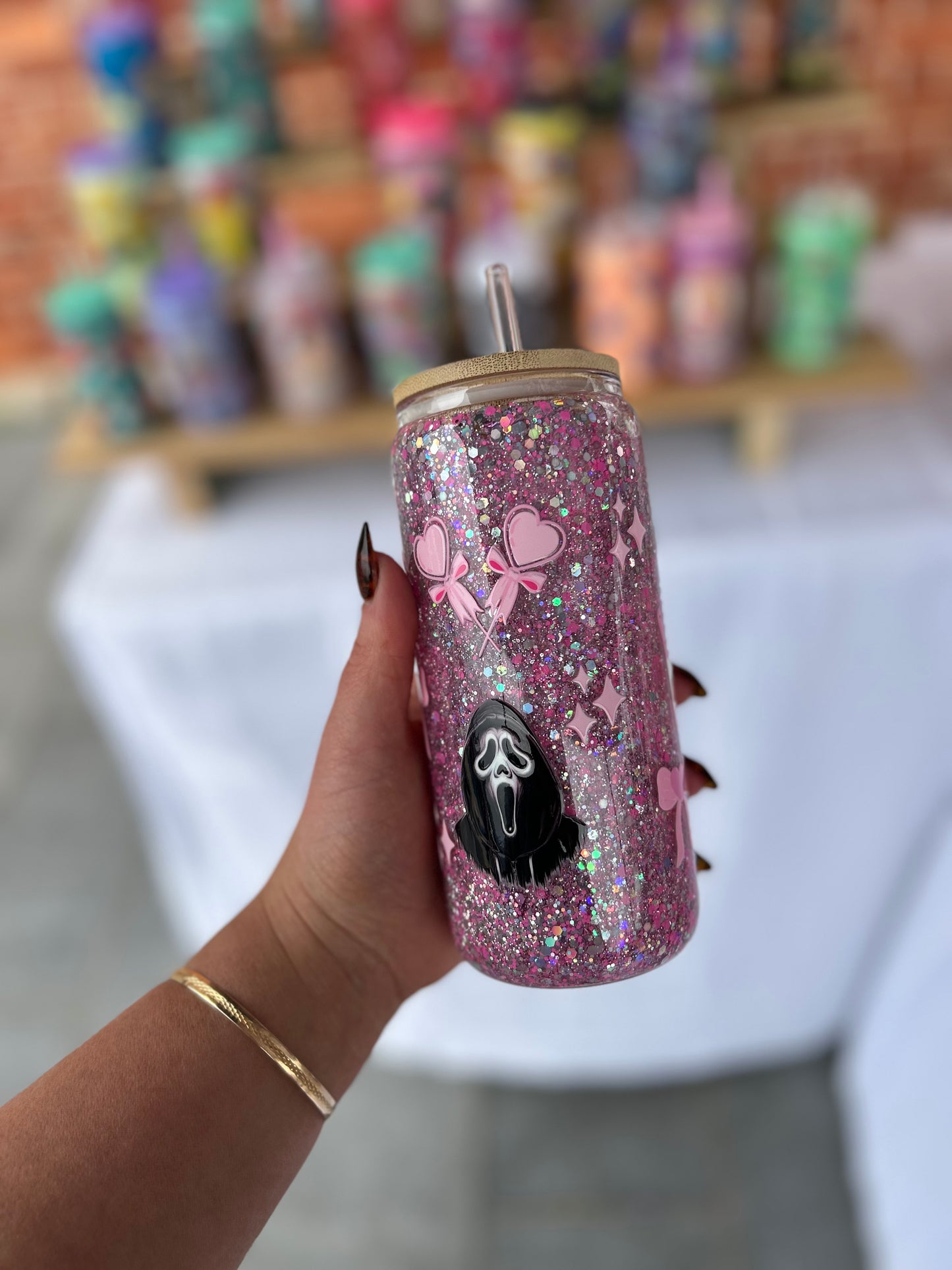 Ghost face Double Walled Glass Cup W/ lid & straw