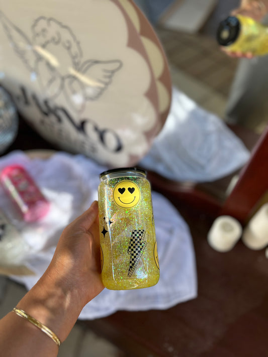 Yellow Smiley Glass Snowglobe Tumbler