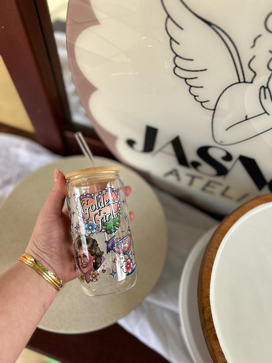 Golden Girls Glass Cup W/bamboo lid & glass straw