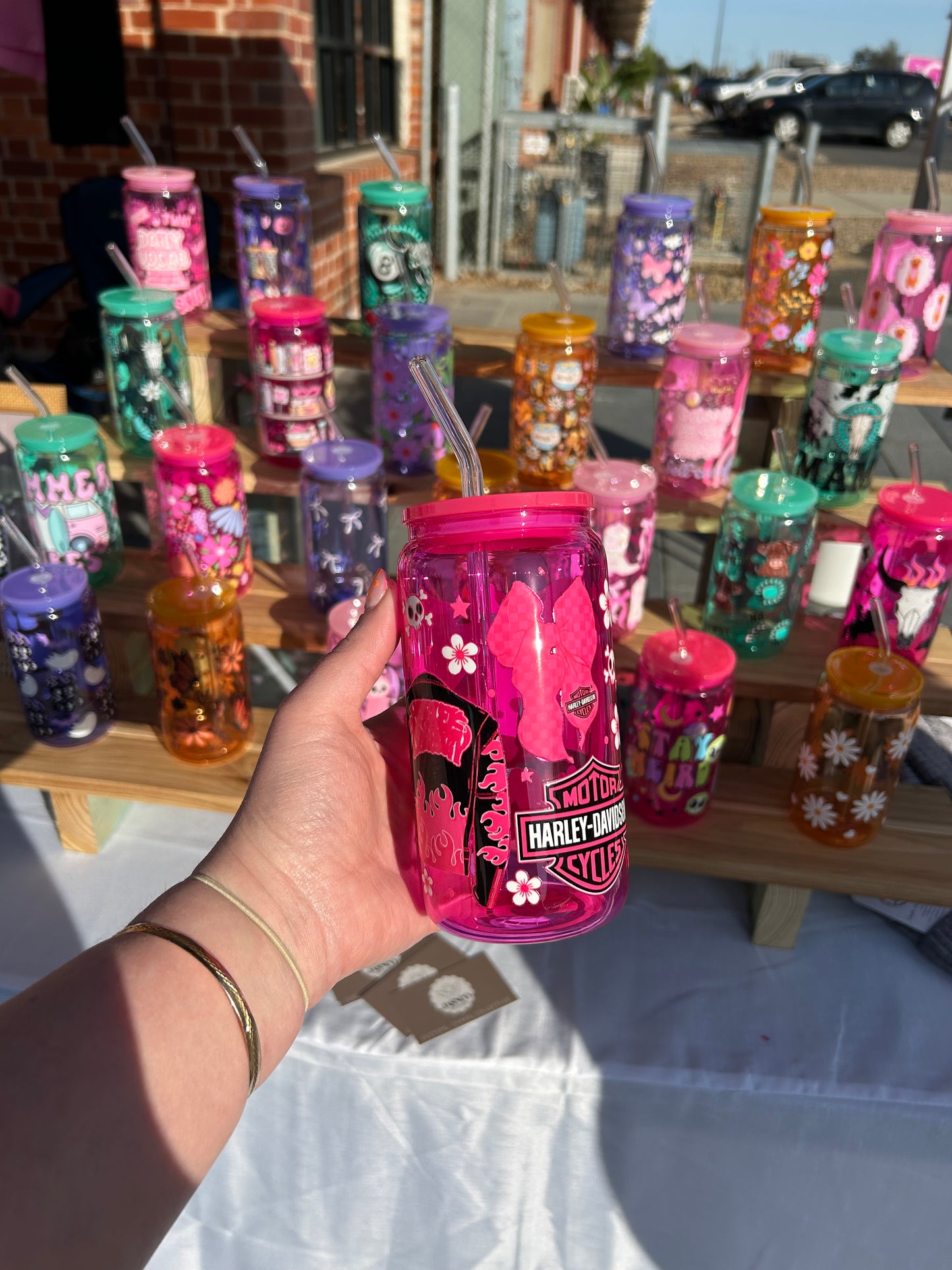 Hot Pink Harley - 16oz Glass Cup w/Bamboo Lid & Glass Straw