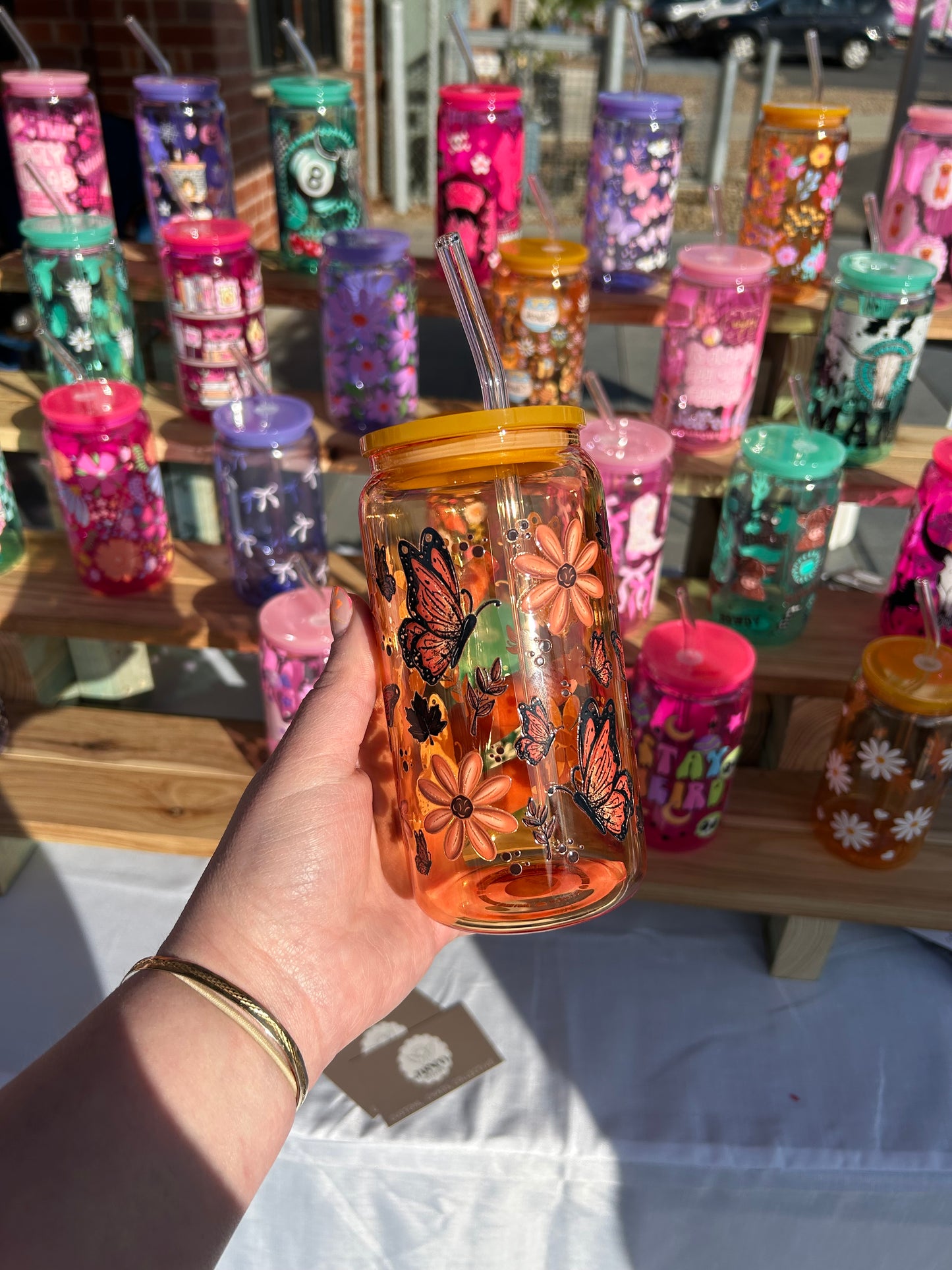 Yellow Butterfly - 16oz Glass Cup w/Bamboo Lid & Glass Straw