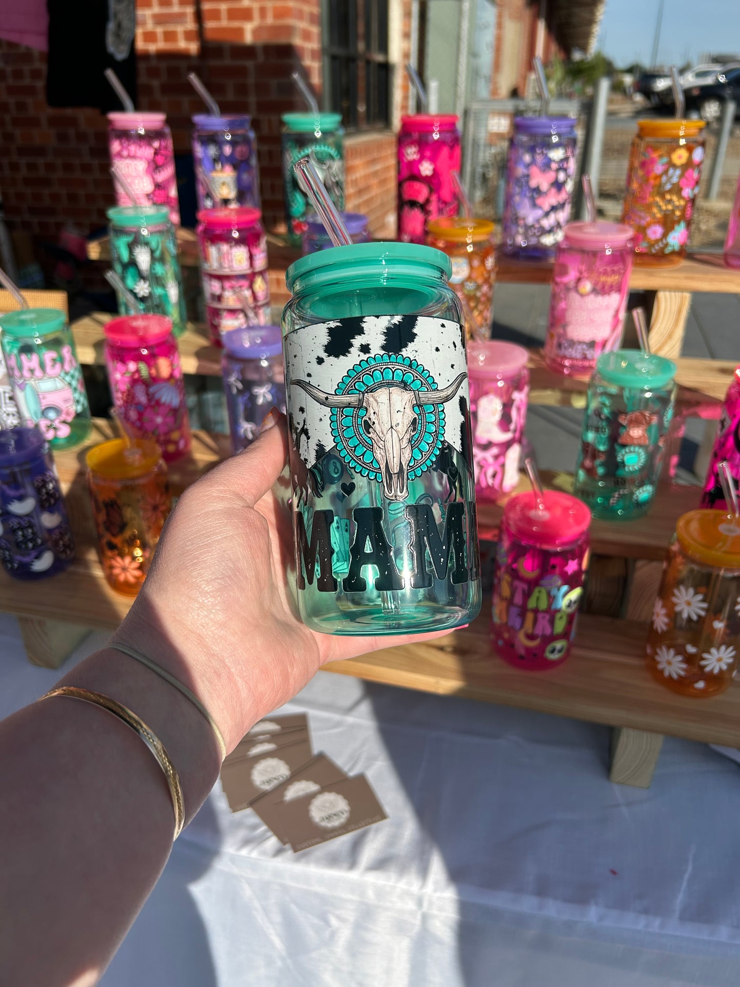 Teal Country Mama - 16oz Glass Cup w/Bamboo Lid & Glass Straw