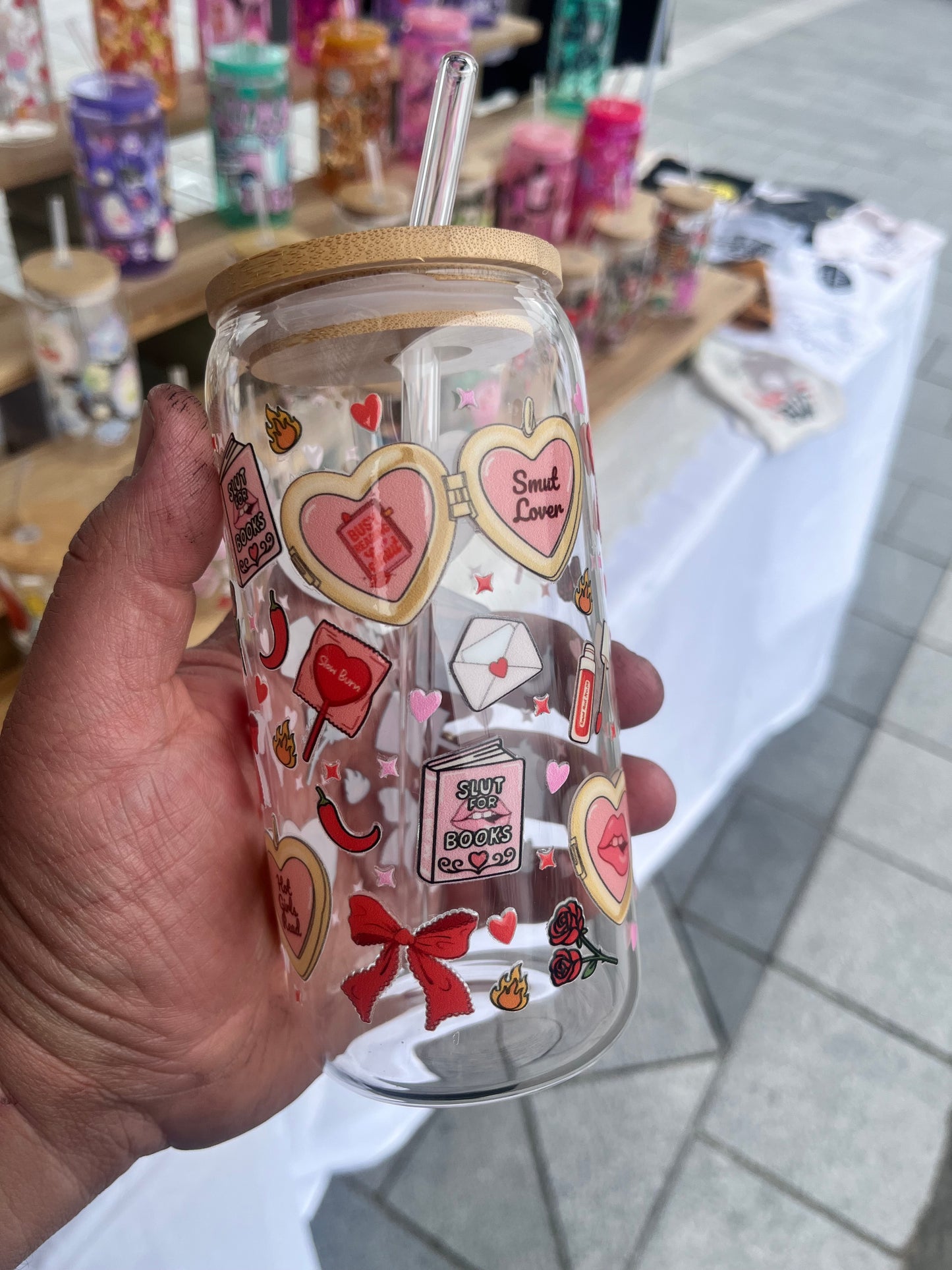 Smut Sl*t Glass Cup W/bamboo lid & glass straw