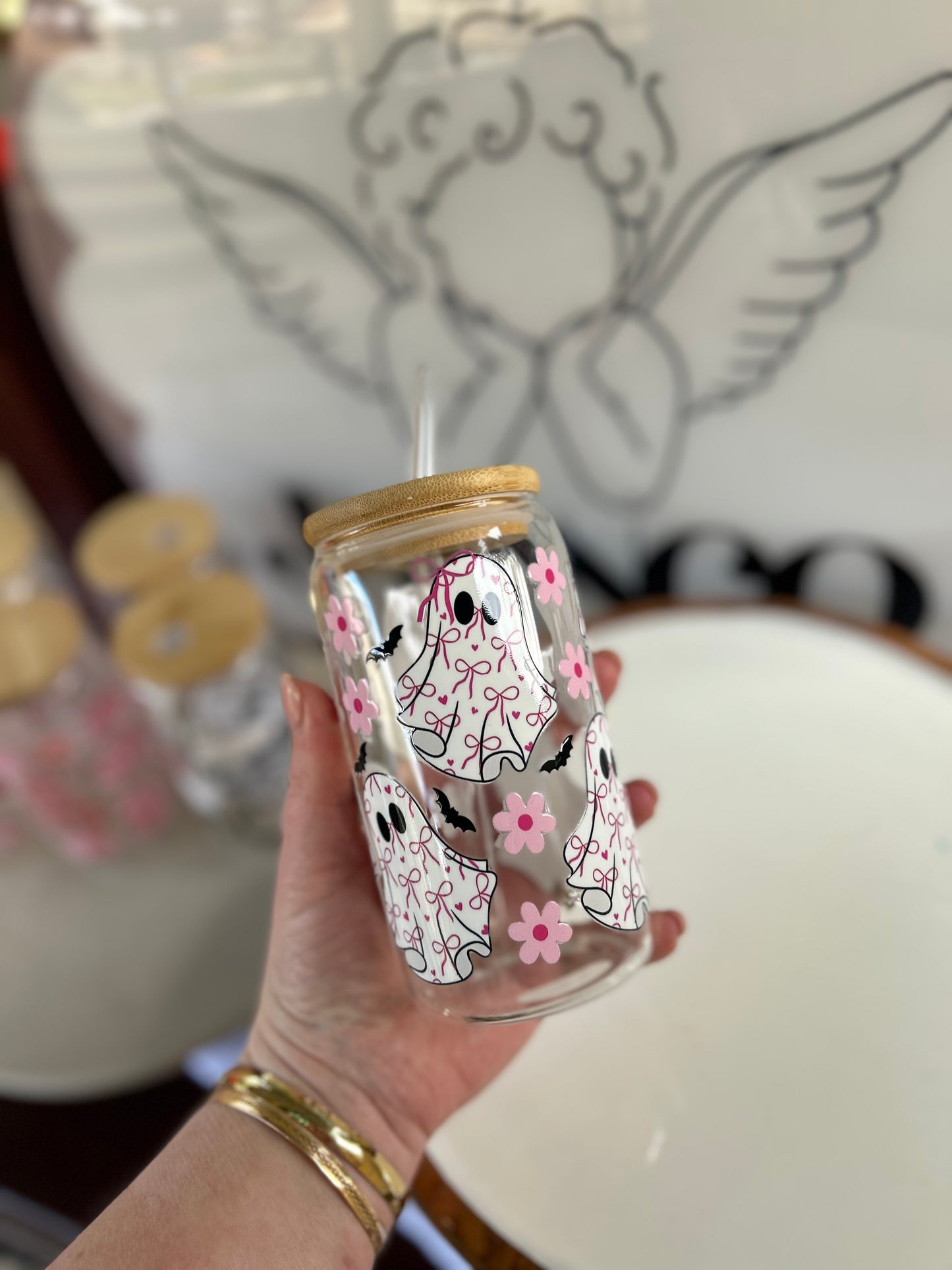 Ghosty Bows Glass Cup W/bamboo lid & glass straw