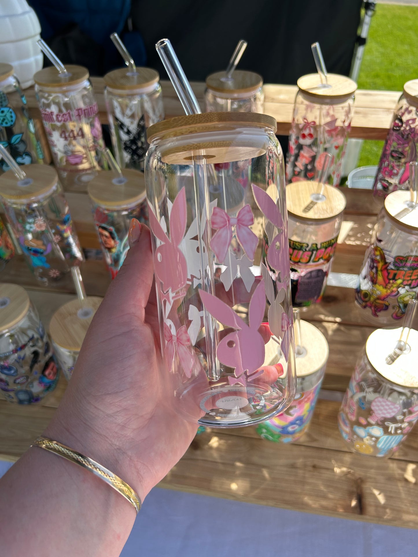 Pink PlayBunny - 16oz Glass Cup w/Bamboo Lid & Glass Straw