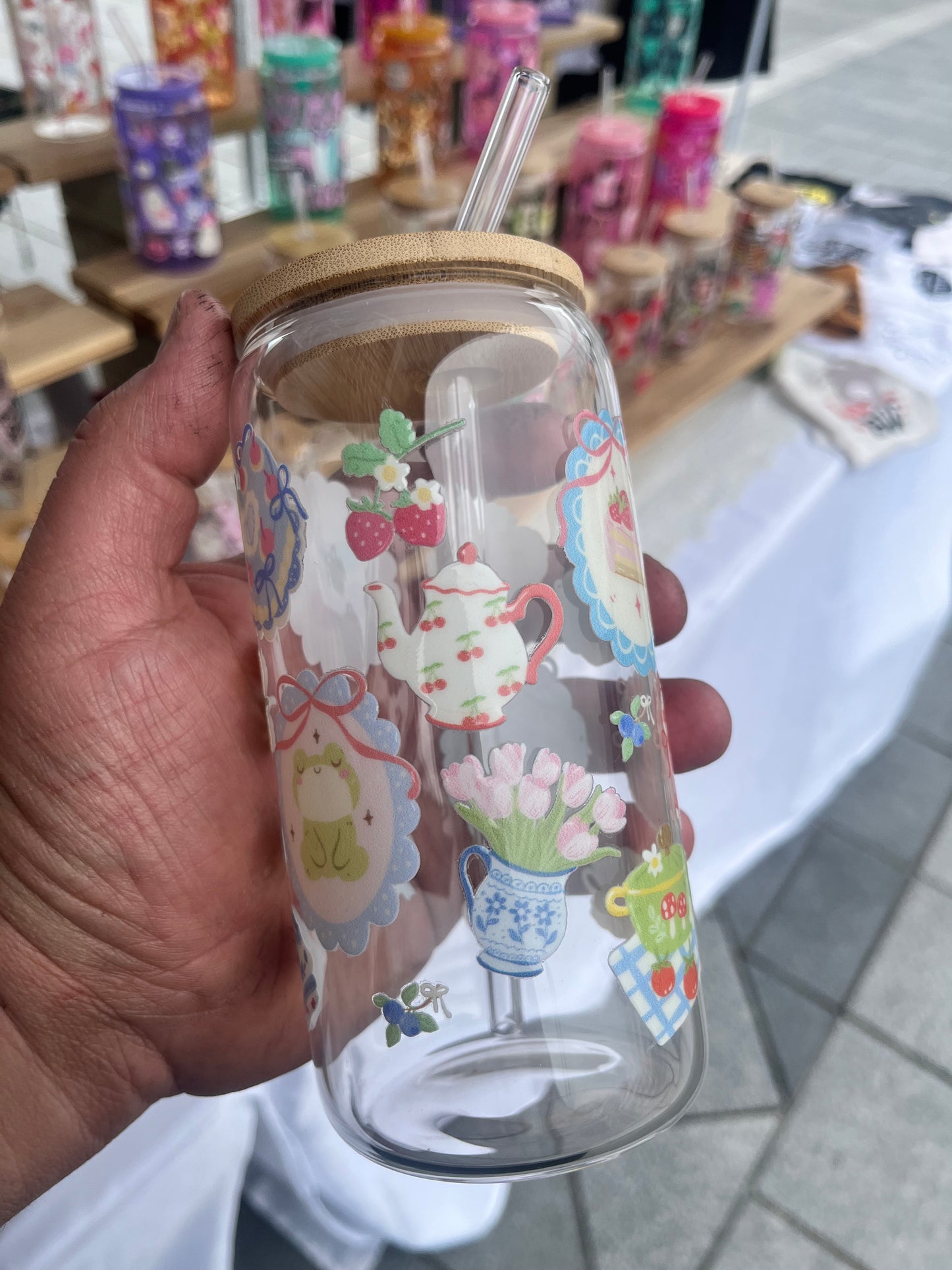 Coquette Cutie Glass Cup W/bamboo lid & glass straw