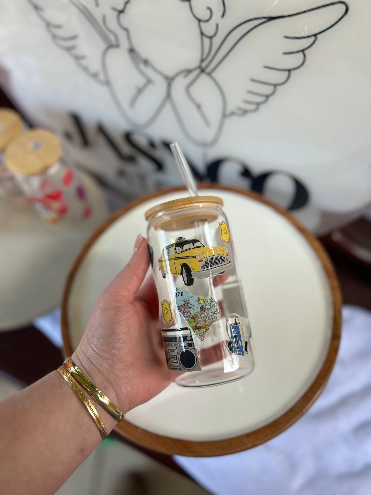 Taxi! Glass Cup W/bamboo lid & glass straw