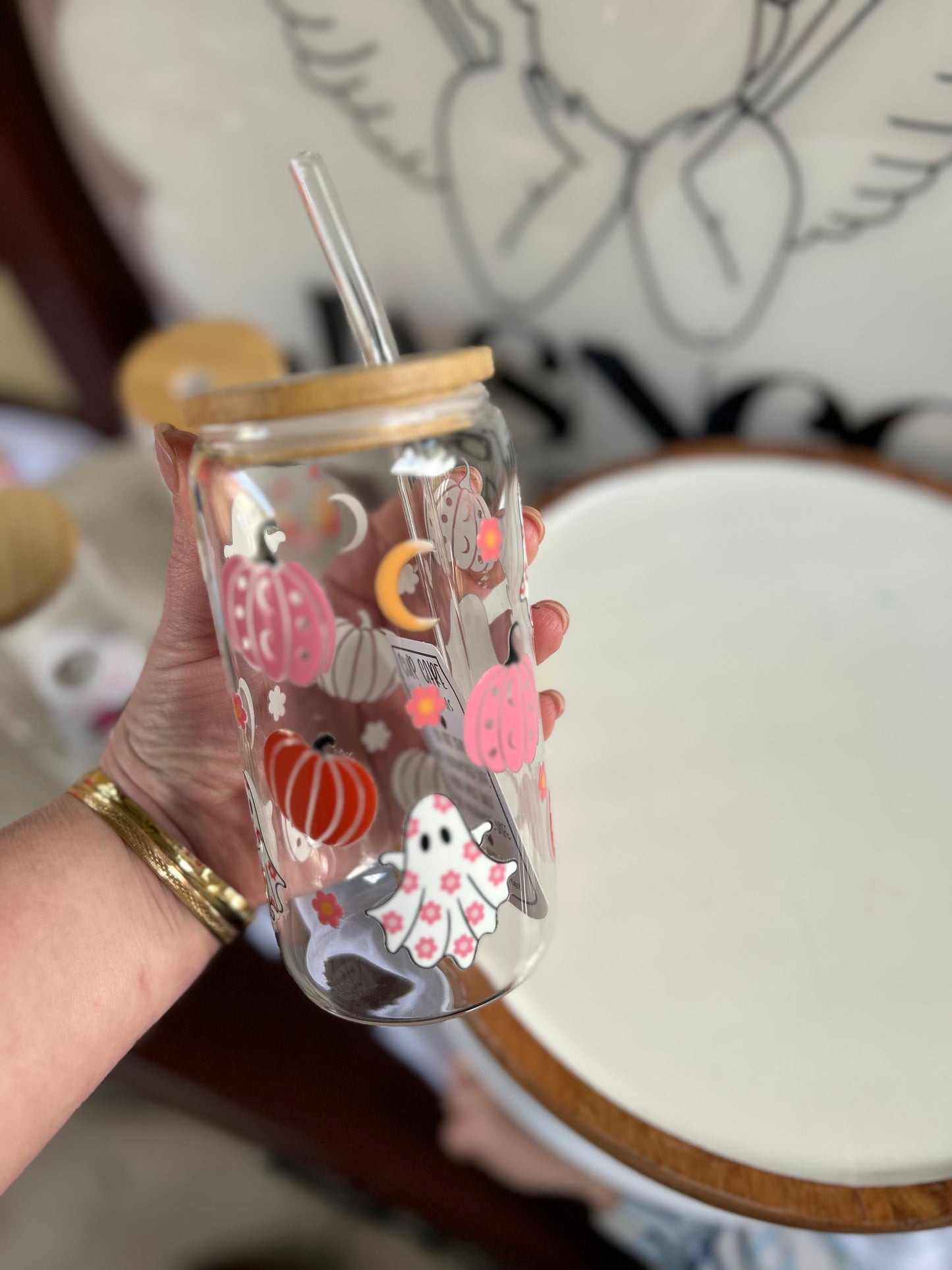 Pumpkin Spiced Ghosts Glass Cup W/bamboo lid & glass straw