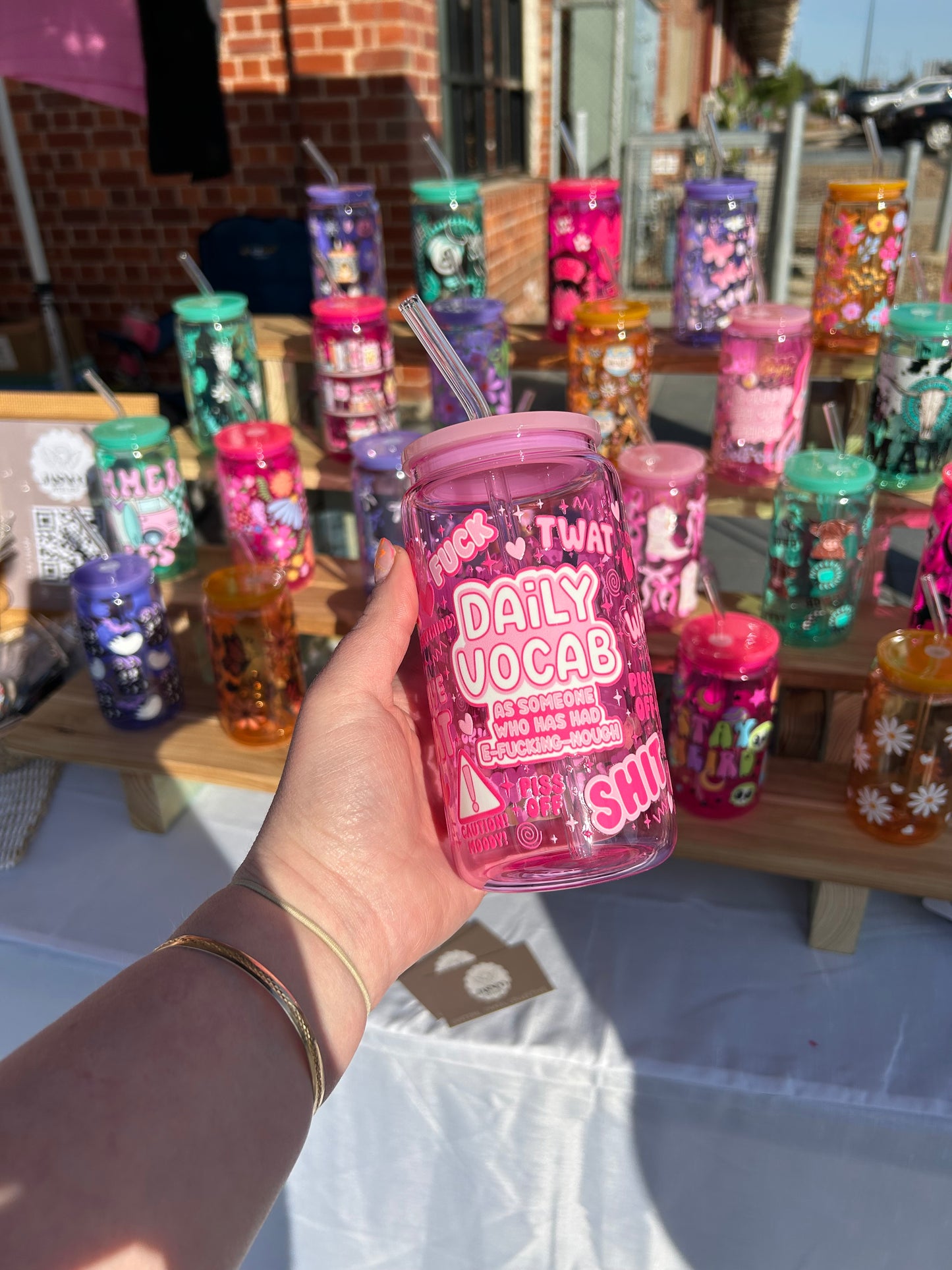 Pink Sweary Vocab - 16oz Glass Cup w/Bamboo Lid & Glass Straw