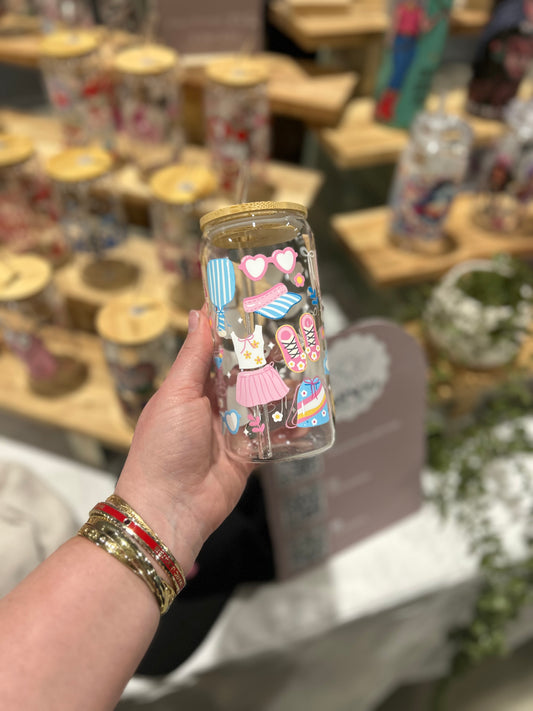 Pickleball Glass Cup W/bamboo lid & glass straw