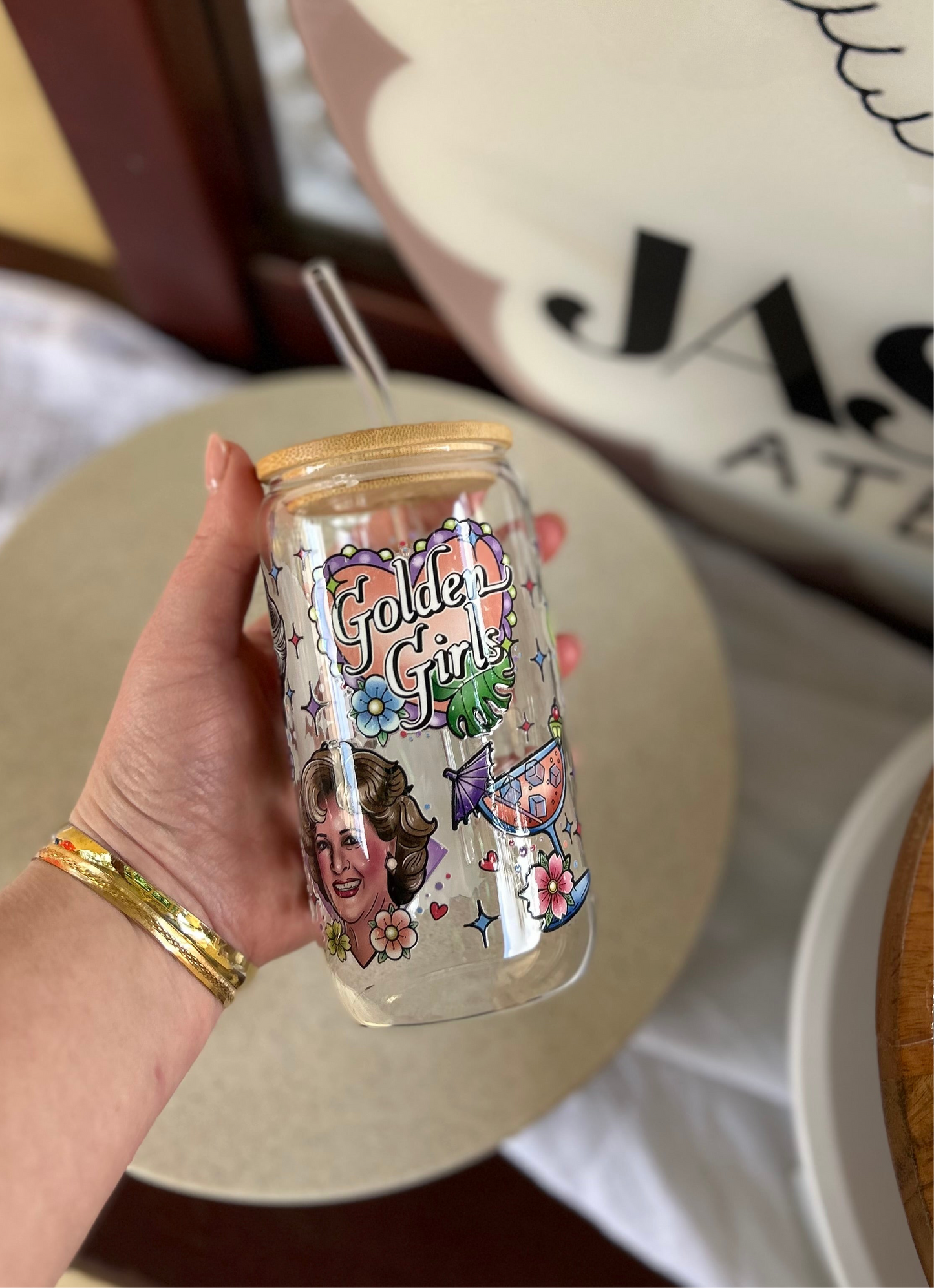Golden Girls Glass Cup W/bamboo lid & glass straw