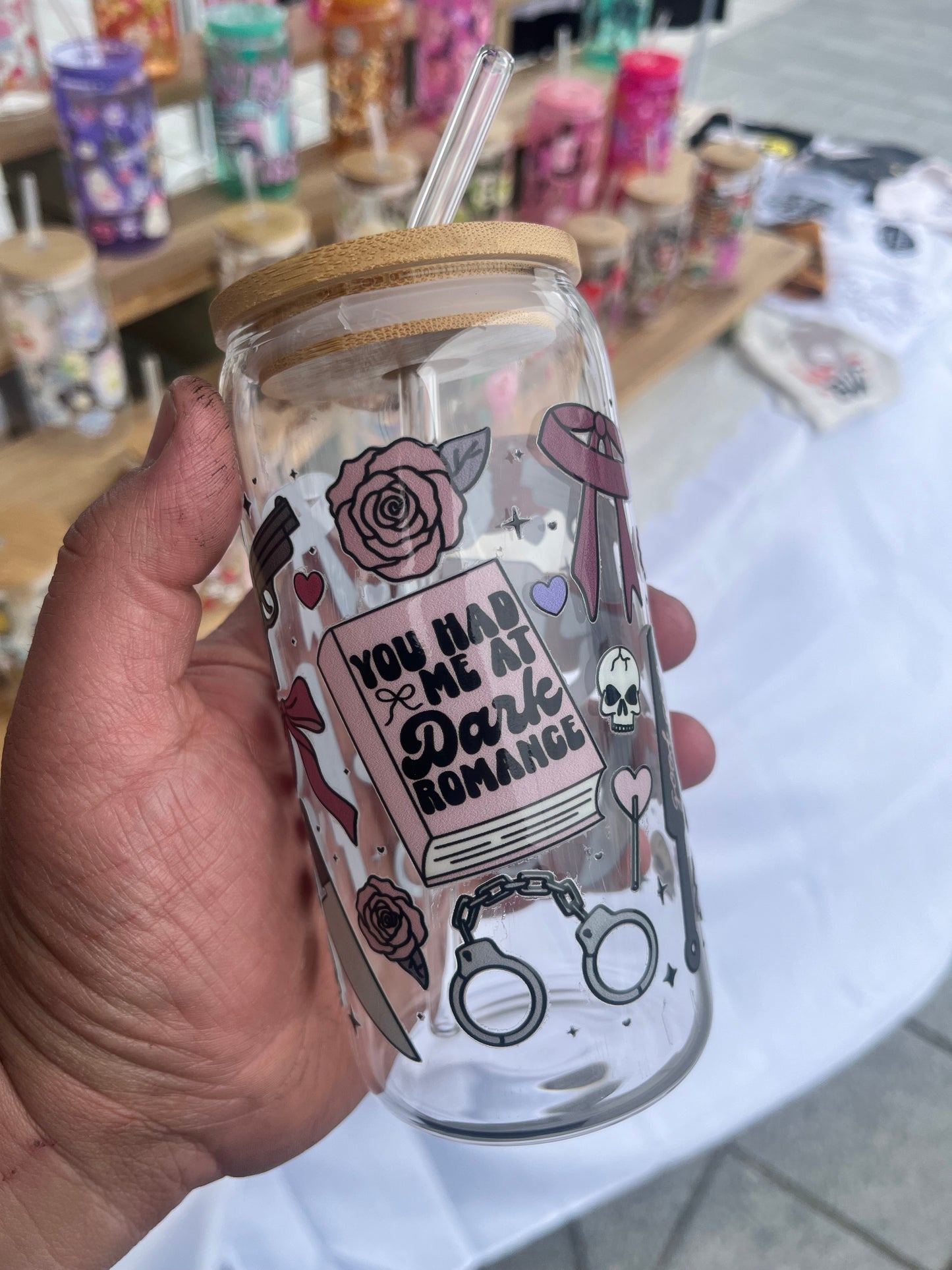 Dark Romance Glass Cup W/bamboo lid & glass straw