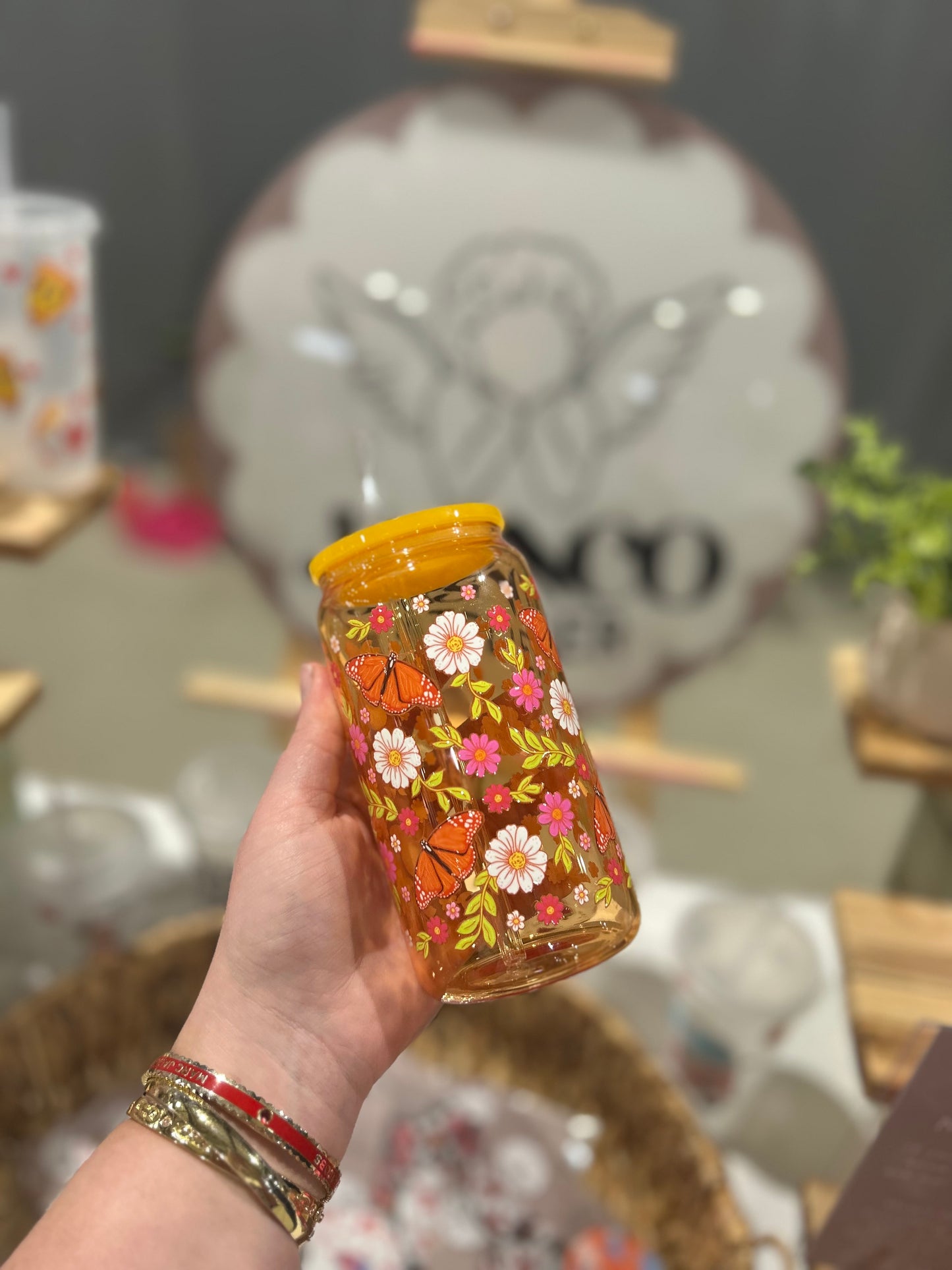 Yellow Butterfly Floral Glass Can