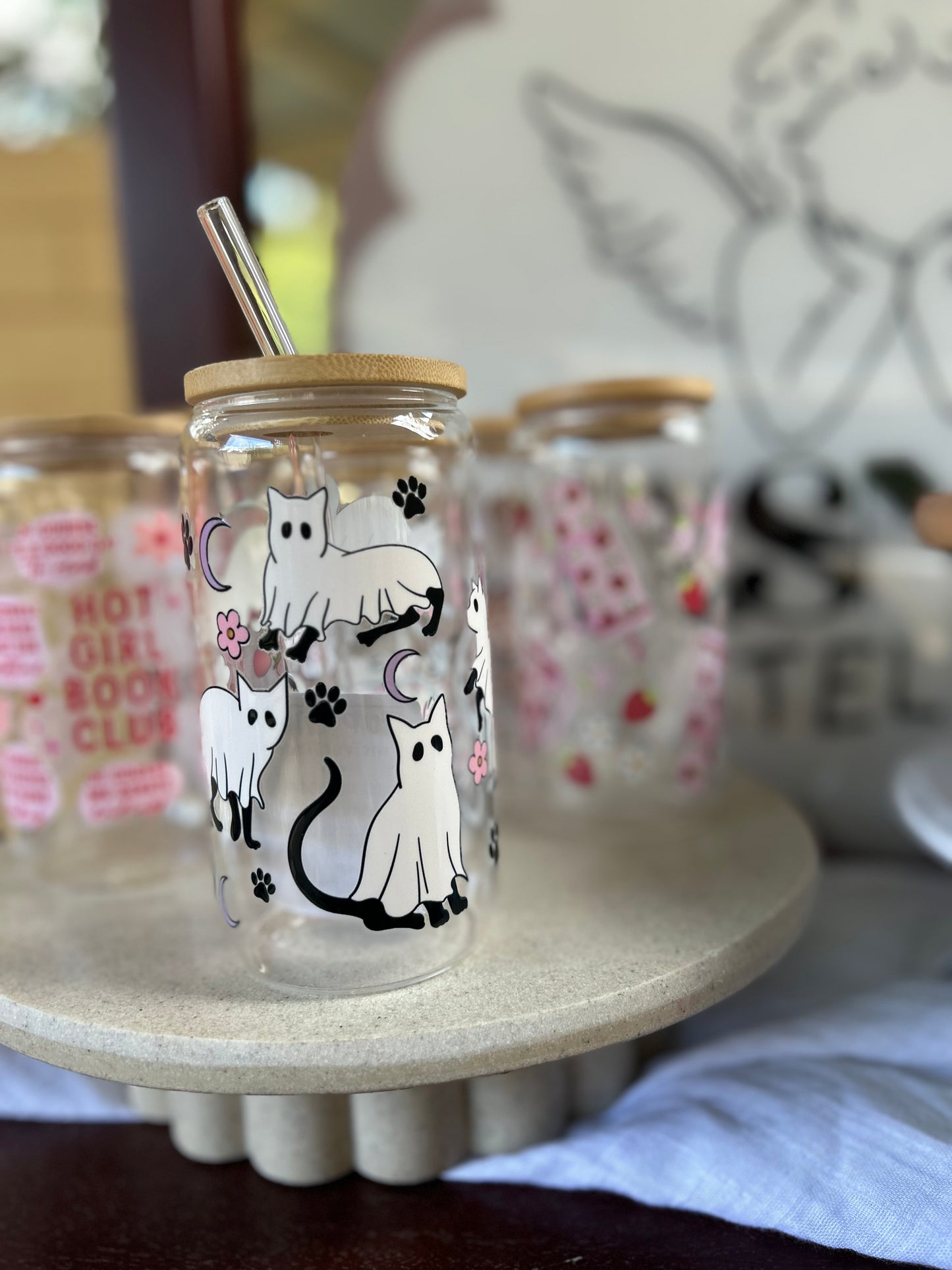 Ghostly Cats Glass Cup W/bamboo lid & glass straw