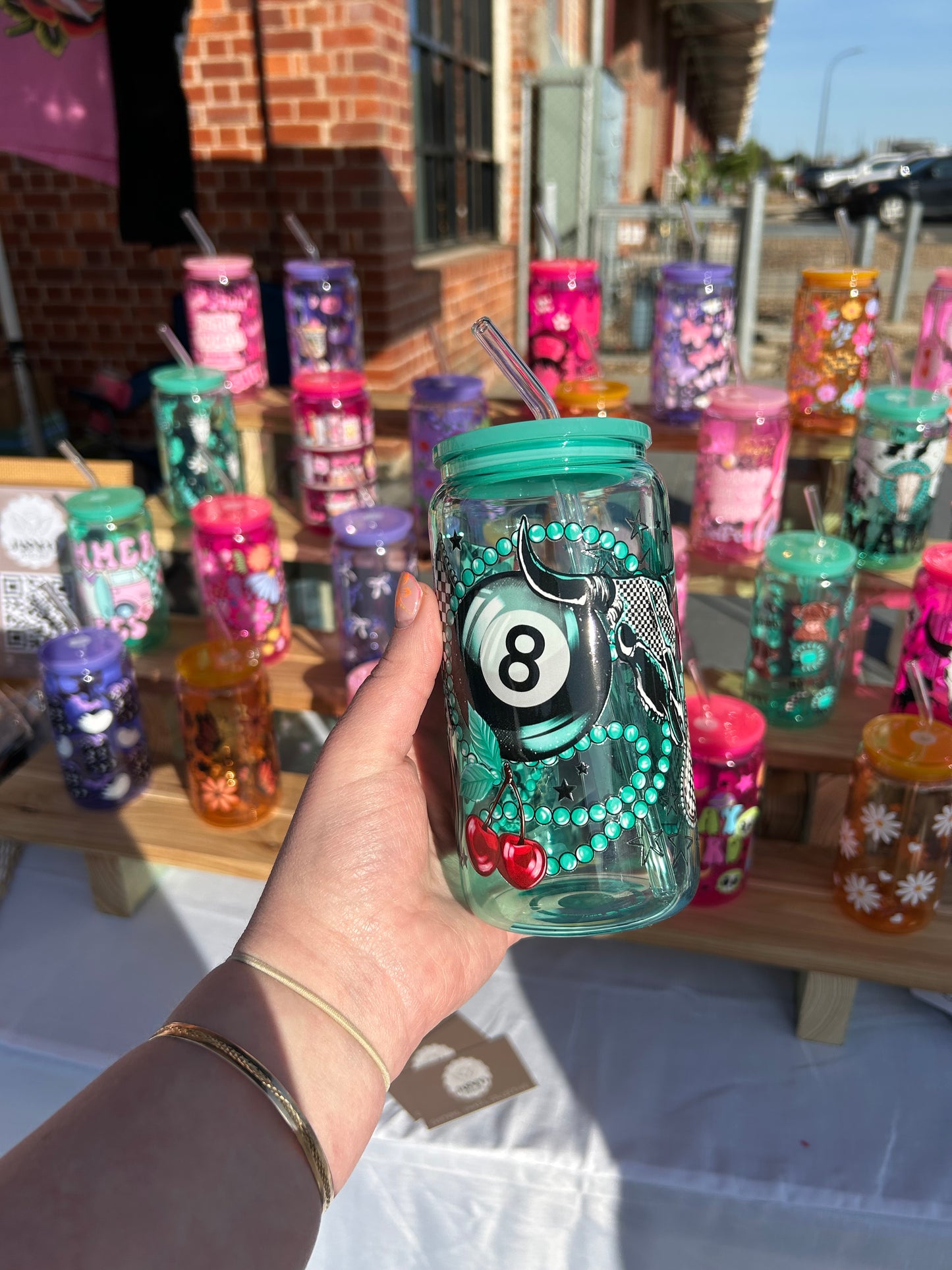 Teal Trendy - 16oz Glass Cup w/Bamboo Lid & Glass Straw