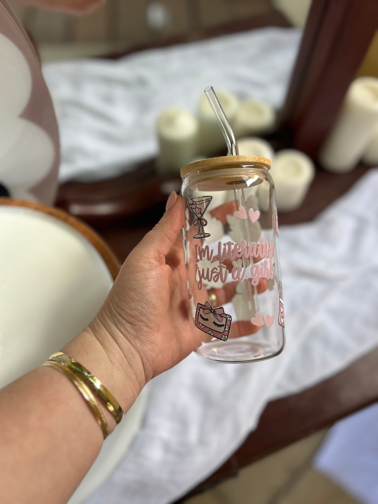 Just a Girl Glass Cup W/bamboo lid & glass straw