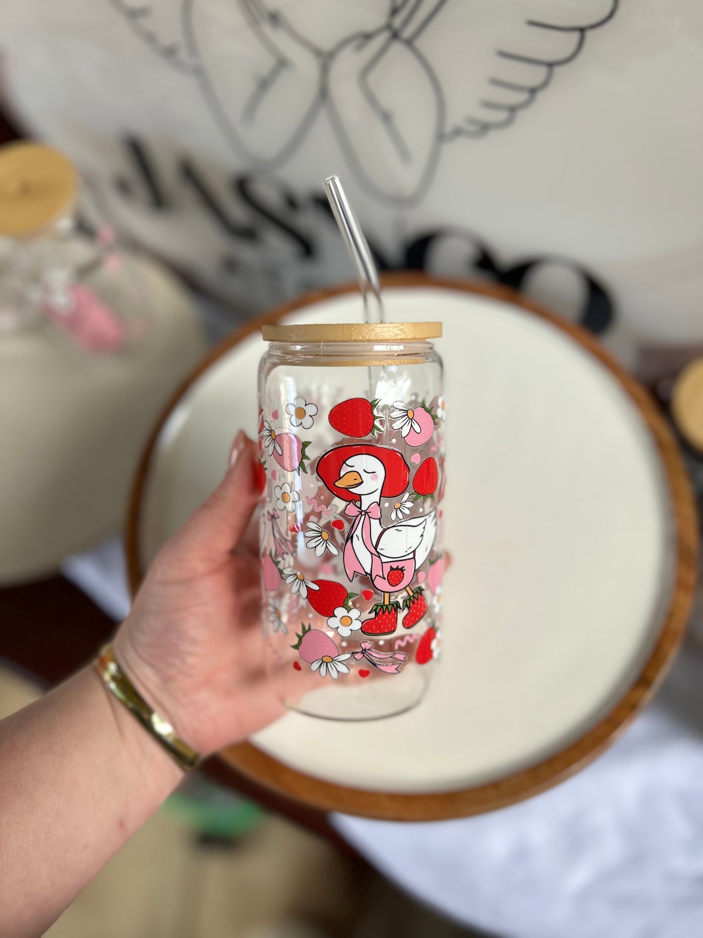 Strawberry Goose Glass Cup W/bamboo lid & glass straw