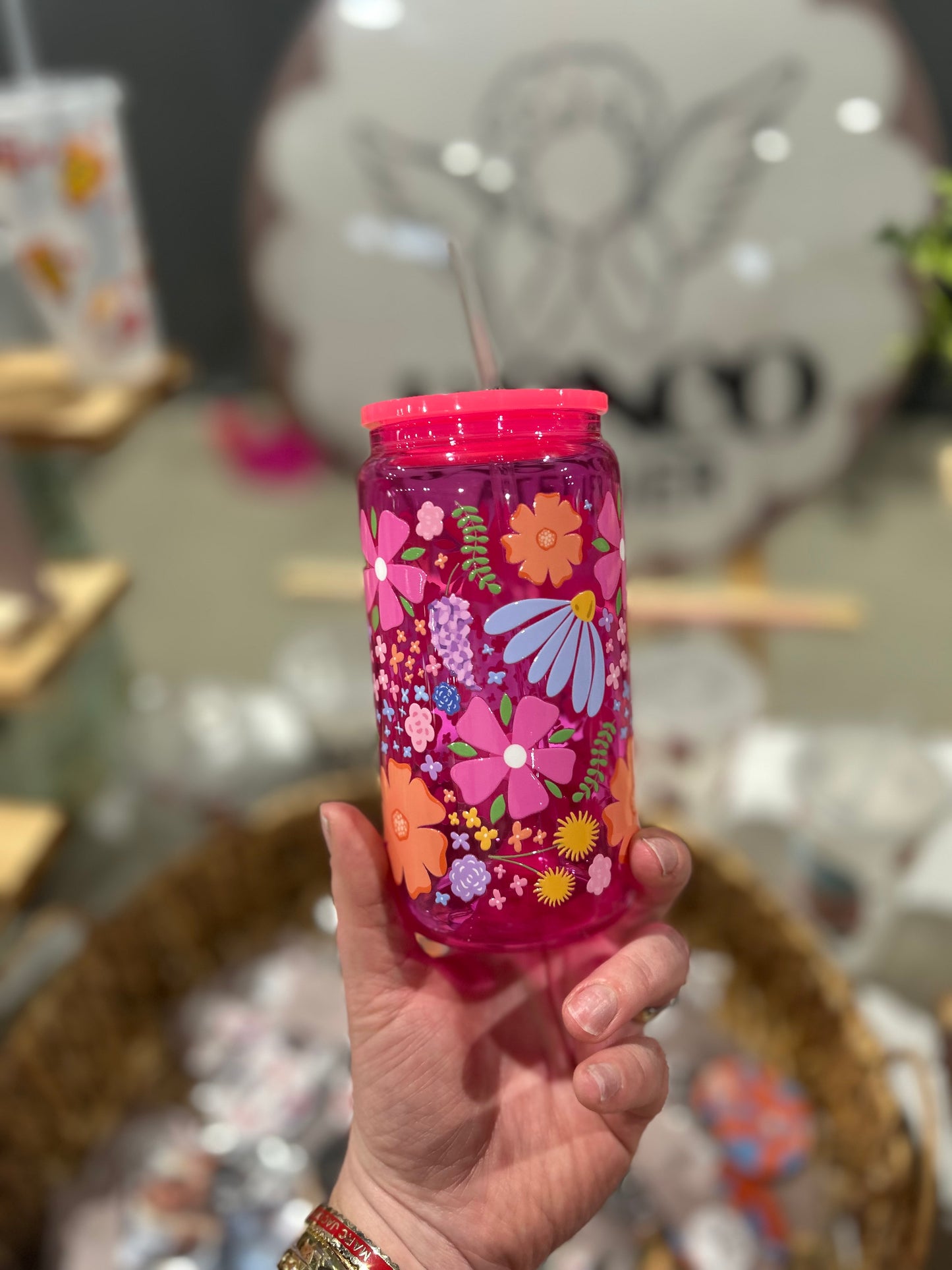 Hot Pink Floral Printed Glass Can w/ Glass Straw