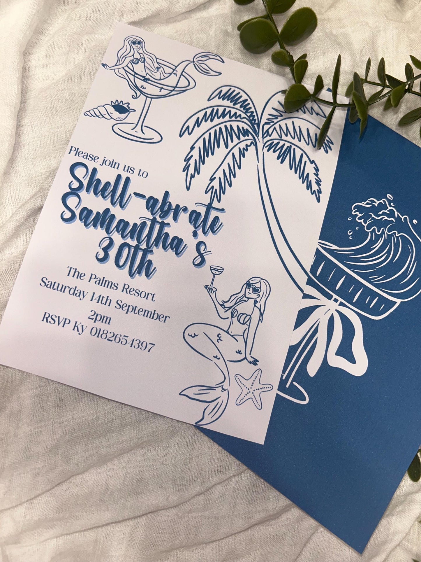 Shell-abrate Birthday Invitation - Blue Tropical Beach theme ladies invites 30th 21st theme birthday surprise party e-invite editable custom