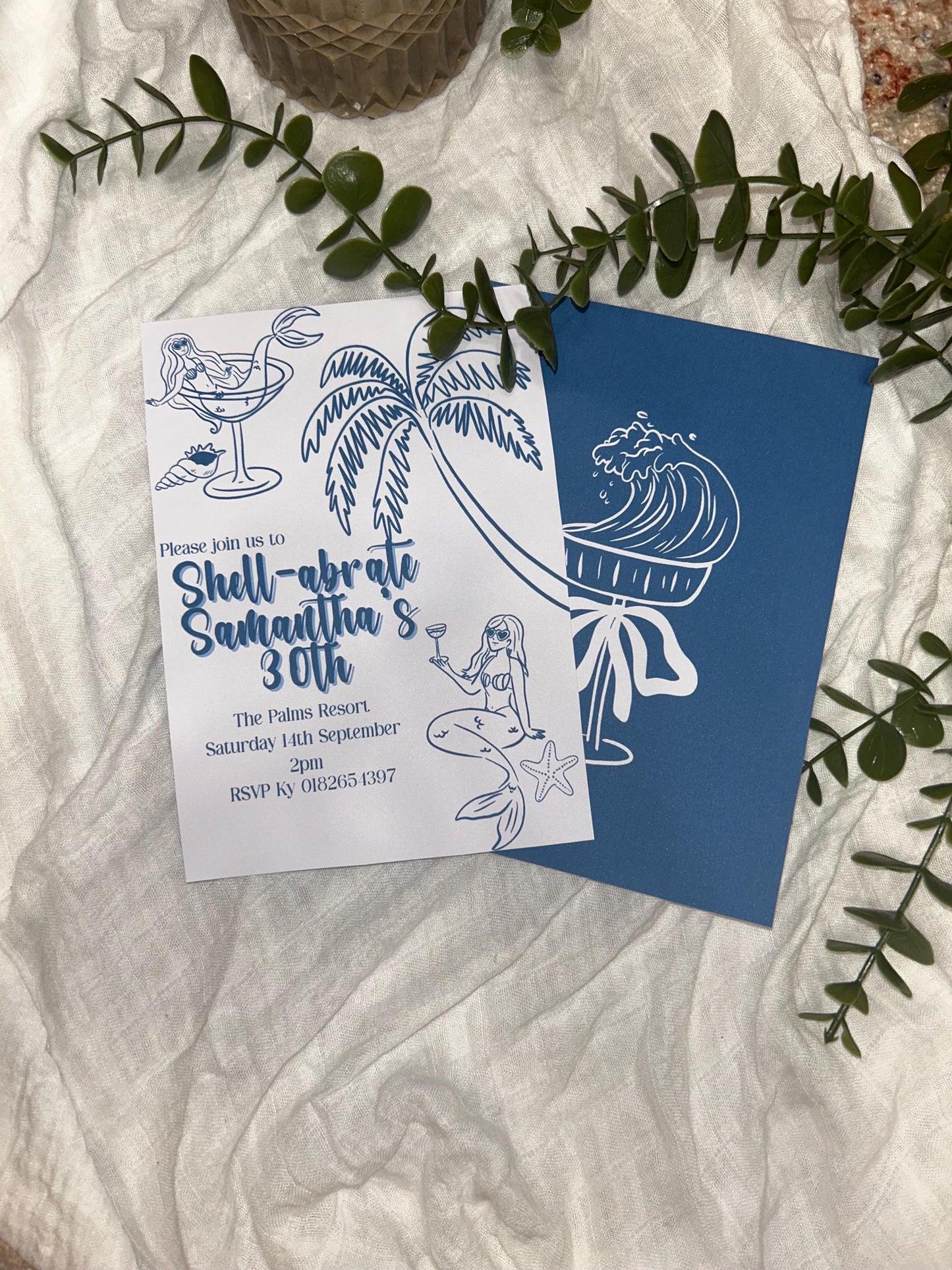 Shell-abrate Birthday Invitation - Blue Tropical Beach theme ladies invites 30th 21st theme birthday surprise party e-invite editable custom