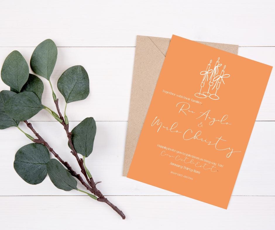 Modern Minimalist Wedding Invitation Orange Bright Simple Sleek Chic Elegant Elopement Party Reception Engagement Invite Eloping Candlestick