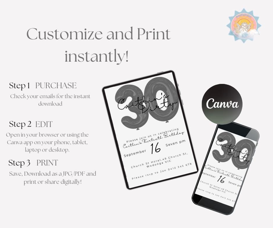 30th Birthday Invitation Milestone Party Invite Dirty thirty editable downloadable black white canva template 30 Balloon minimal 1995 95 30s