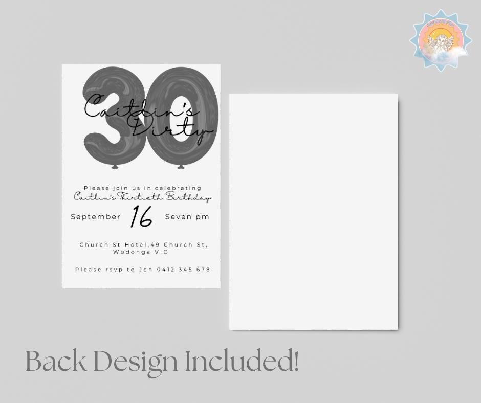 30th Birthday Invitation Milestone Party Invite Dirty thirty editable downloadable black white canva template 30 Balloon minimal 1995 95 30s