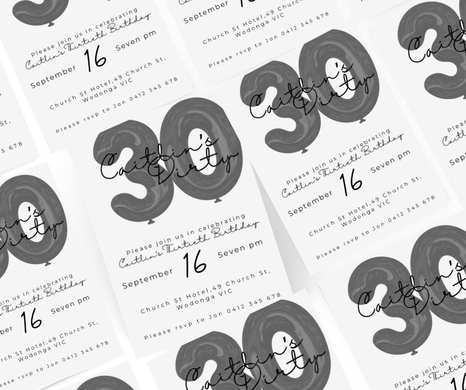 30th Birthday Invitation Milestone Party Invite Dirty thirty editable downloadable black white canva template 30 Balloon minimal 1995 95 30s