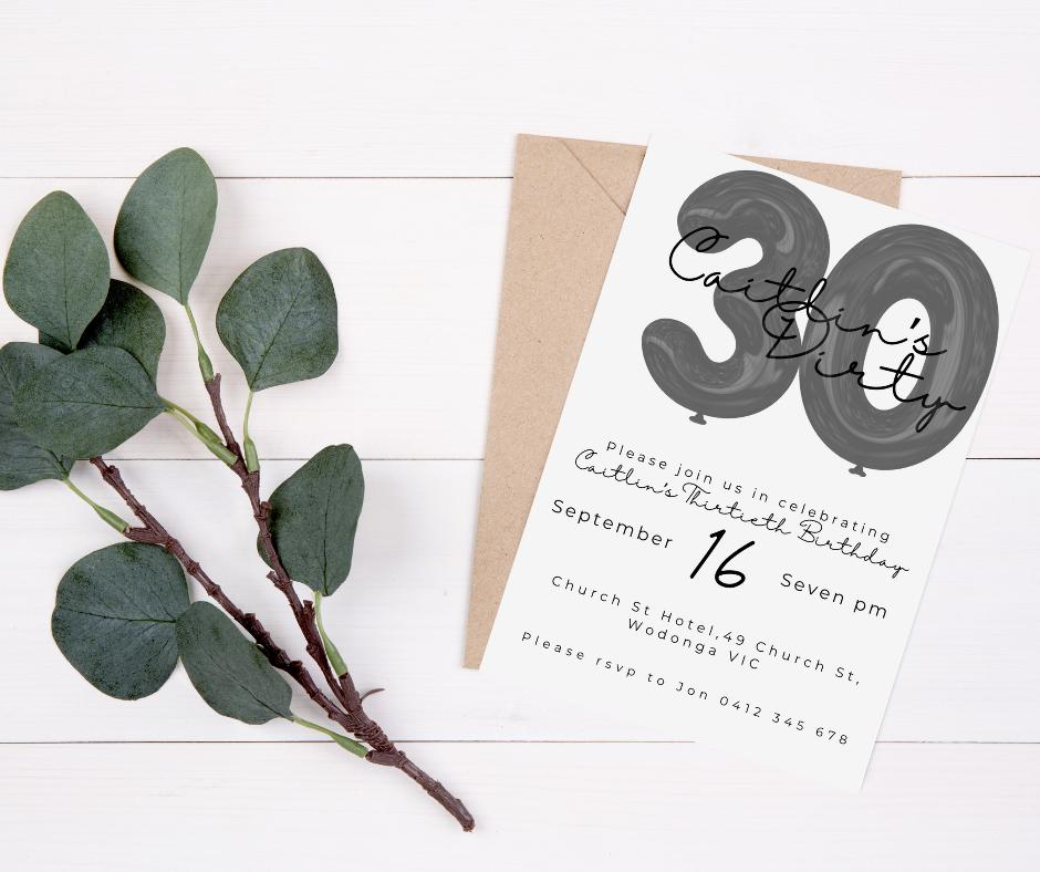 30th Birthday Invitation Milestone Party Invite Dirty thirty editable downloadable black white canva template 30 Balloon minimal 1995 95 30s