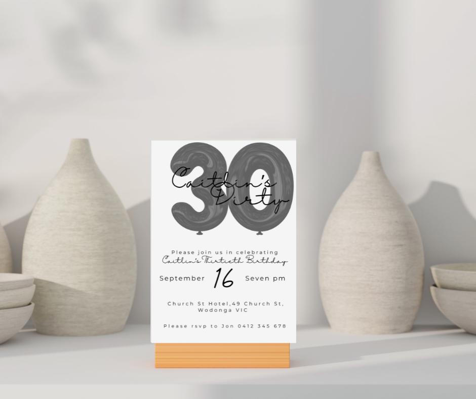 30th Birthday Invitation Milestone Party Invite Dirty thirty editable downloadable black white canva template 30 Balloon minimal 1995 95 30s