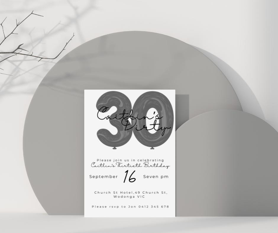 30th Birthday invitation with black 30 balloons sleek black and white design