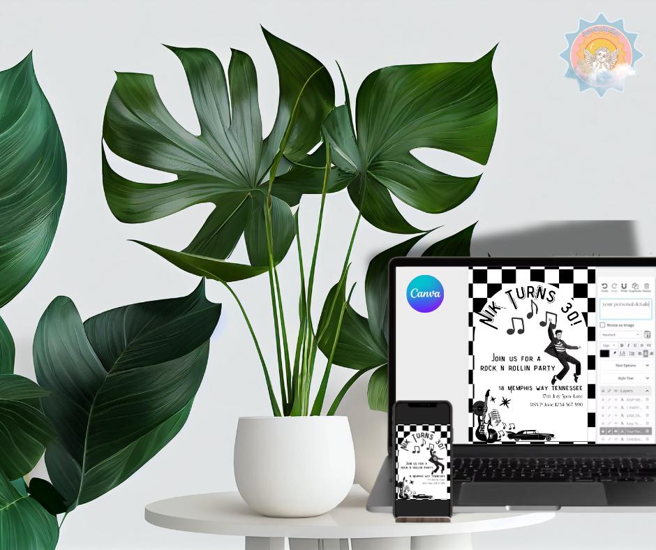 30th Birthday Invitation Rock n Roll Party Invite Musical thirty editable downloadable black white canva template 30 Elvis Vegas 1995 95 30s