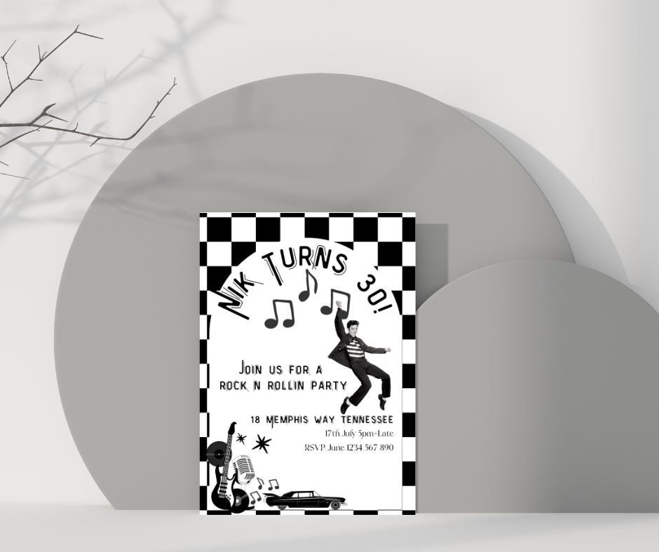30th Birthday Invitation Rock n Roll Party Invite Musical thirty editable downloadable black white canva template 30 Elvis Vegas 1995 95 30s