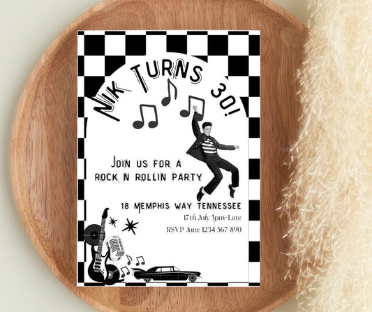 30th Birthday Invitation Rock n Roll Party Invite Musical thirty editable downloadable black white canva template 30 Elvis Vegas 1995 95 30s