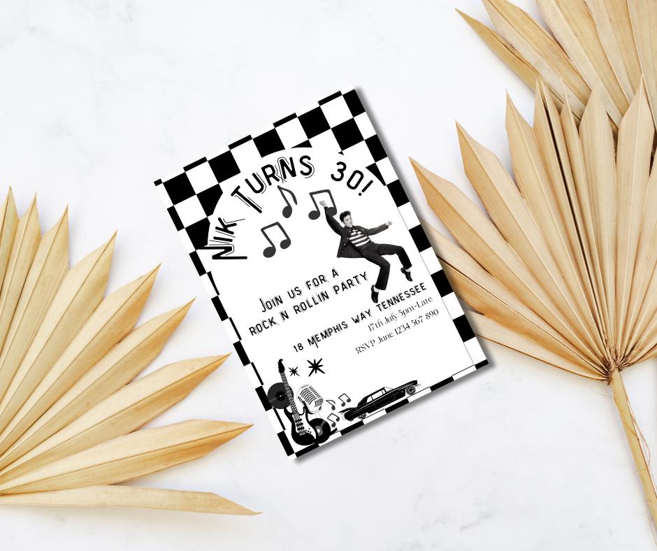 30th Birthday Invitation Rock n Roll Party Invite Musical thirty editable downloadable black white canva template 30 Elvis Vegas 1995 95 30s