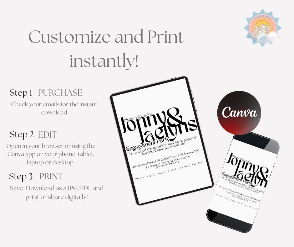 Funky Modern Engagement Party Invitations Simple black white fresh elegant chic script invites wedding event invitation bride groom to be