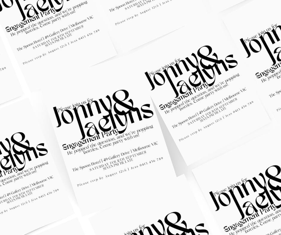 Funky Modern Engagement Party Invitations Simple black white fresh elegant chic script invites wedding event invitation bride groom to be