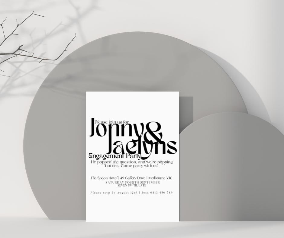 Funky Modern Engagement Party Invitations Simple black white fresh elegant chic script invites wedding event invitation bride groom to be