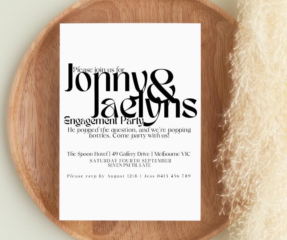 Funky Modern Engagement Party Invitations Simple black white fresh elegant chic script invites wedding event invitation bride groom to be
