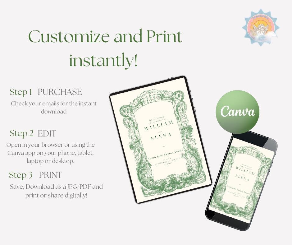 Baroque Classy Wedding Invitation Filigree Lace Green Elopement Bridal Elegance Royal Design Invite Template Digital Download Elegant Fancy