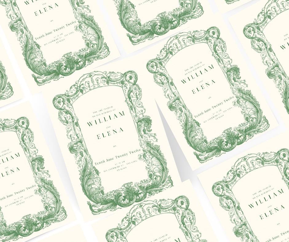 Baroque Classy Wedding Invitation Filigree Lace Green Elopement Bridal Elegance Royal Design Invite Template Digital Download Elegant Fancy