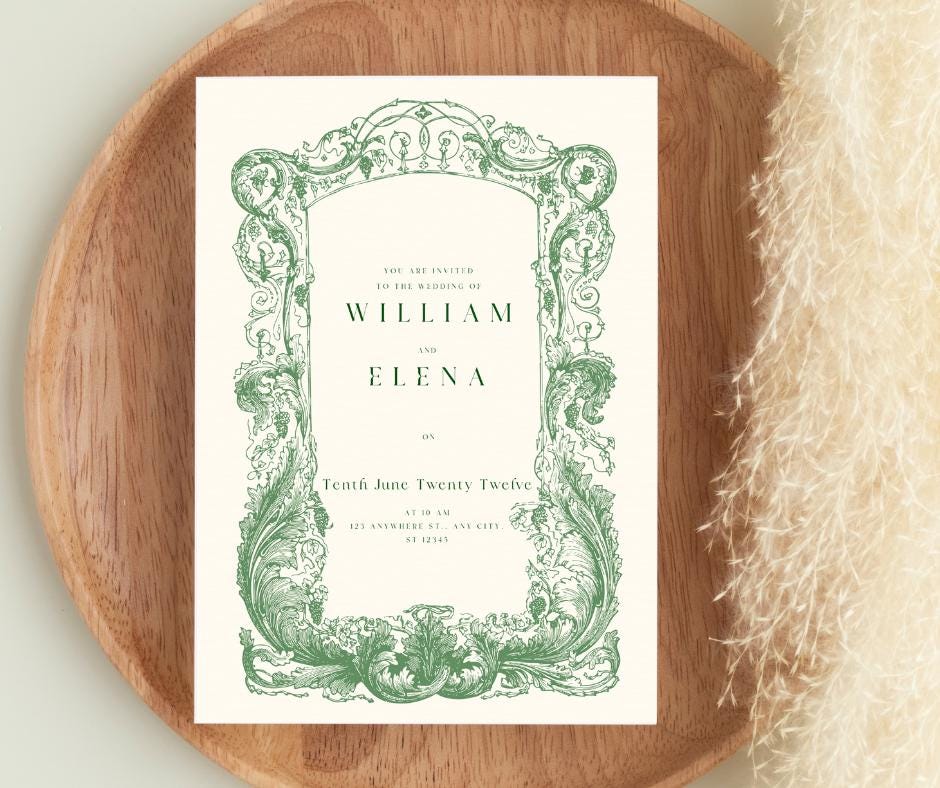 Baroque Classy Wedding Invitation Filigree Lace Green Elopement Bridal Elegance Royal Design Invite Template Digital Download Elegant Fancy