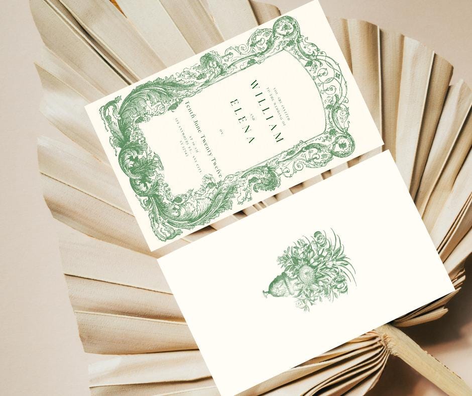 Baroque Classy Wedding Invitation Filigree Lace Green Elopement Bridal Elegance Royal Design Invite Template Digital Download Elegant Fancy