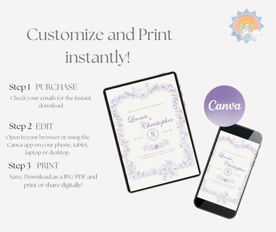Baroque Classy Wedding Invitation Dove Lily Purple Elopement Bridal Elegance Royal Design Invite Template Digital Download Elegant Fancy