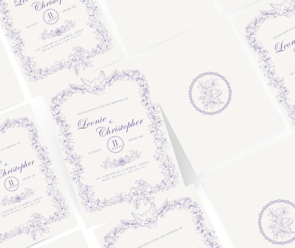 Baroque Classy Wedding Invitation Dove Lily Purple Elopement Bridal Elegance Royal Design Invite Template Digital Download Elegant Fancy