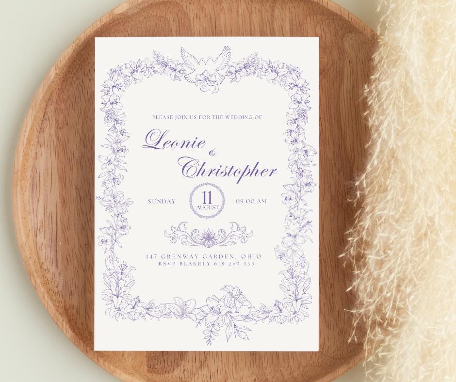 Baroque Classy Wedding Invitation Dove Lily Purple Elopement Bridal Elegance Royal Design Invite Template Digital Download Elegant Fancy