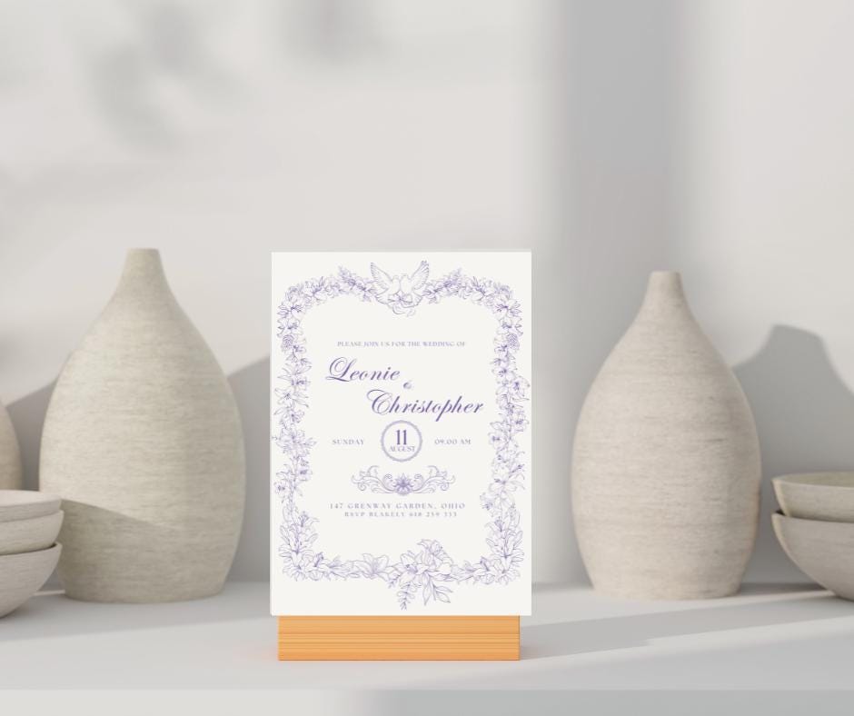 Baroque Classy Wedding Invitation Dove Lily Purple Elopement Bridal Elegance Royal Design Invite Template Digital Download Elegant Fancy