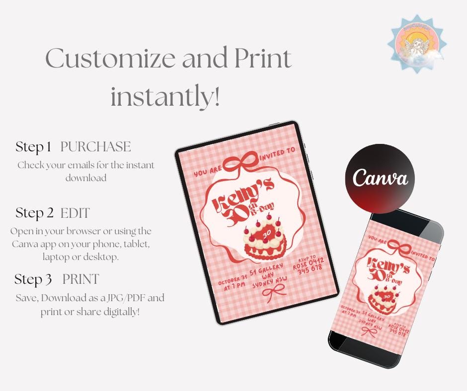 30th Birthday Invitation Cute Girly Cherry Cake Picnic Plaid Pretty Birthday Party Invitation Event Party Invite Milestone Millennial 1995