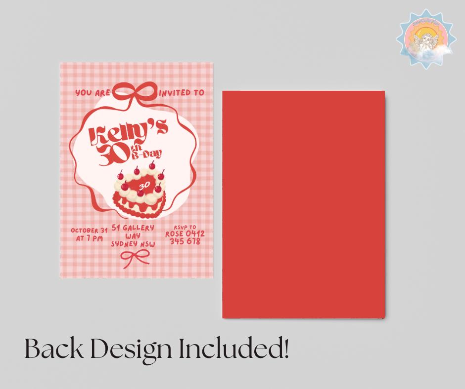 30th Birthday Invitation Cute Girly Cherry Cake Picnic Plaid Pretty Birthday Party Invitation Event Party Invite Milestone Millennial 1995