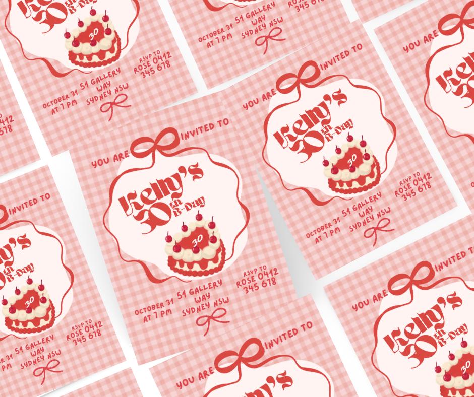 30th Birthday Invitation Cute Girly Cherry Cake Picnic Plaid Pretty Birthday Party Invitation Event Party Invite Milestone Millennial 1995